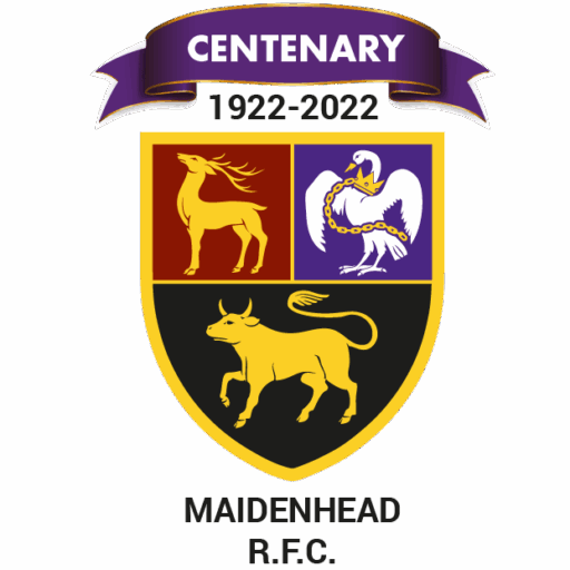 Maidenhead Rugby Club logo with purple centenery ribbon above